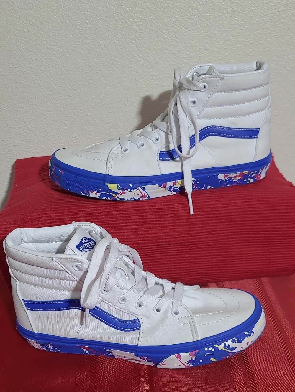 Vans Kids High Top SK8 Sneakers White with Blue and Multicolor Splatter